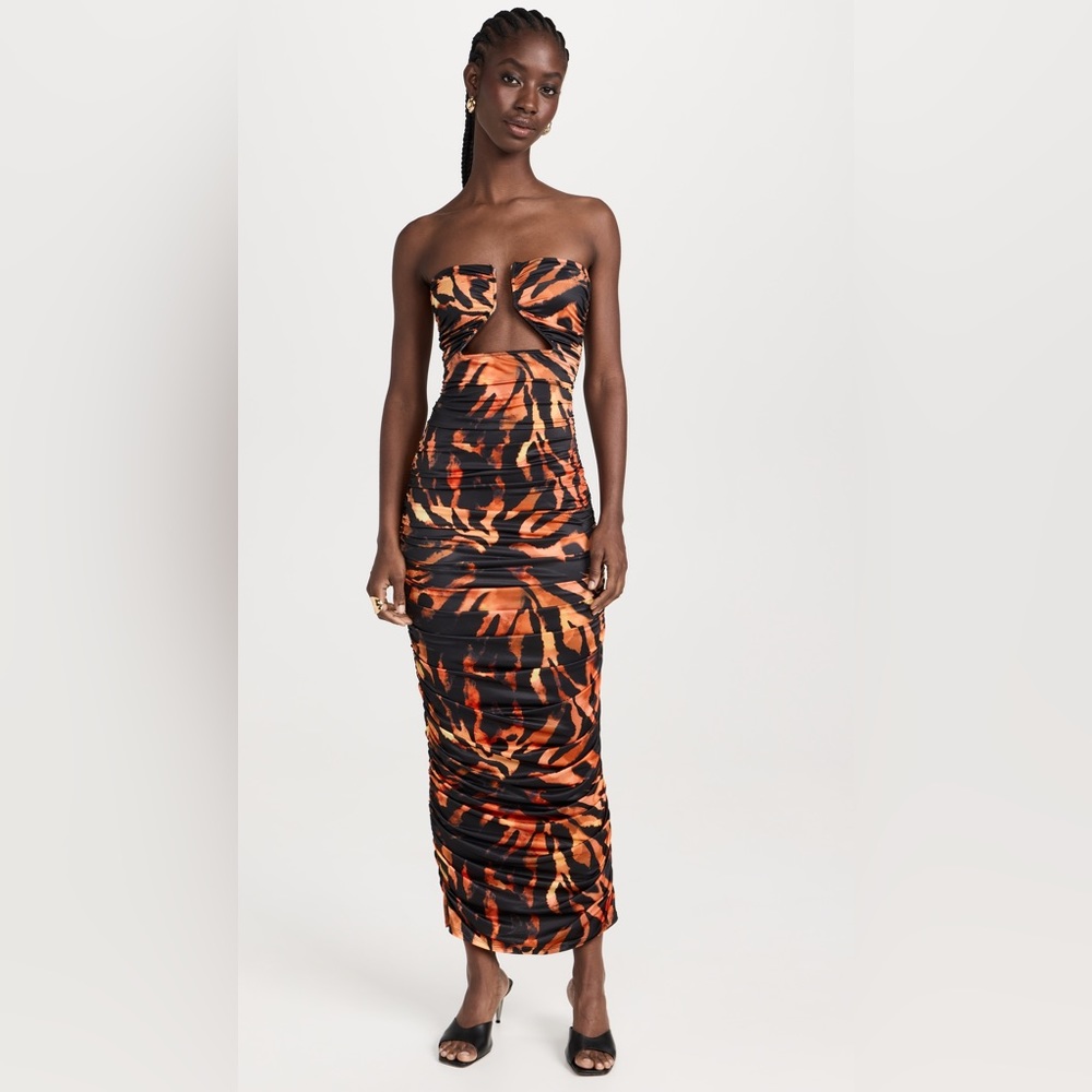 AFRM Zebra Alisha Hardware Ruched Midi Dress
